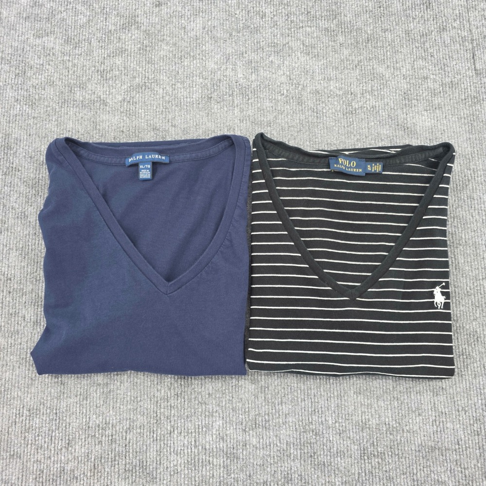 Polo Ralph Lauren Womens V-Neck T-Shirt Lot 2 XL Navy Blue Black Striped Cotton